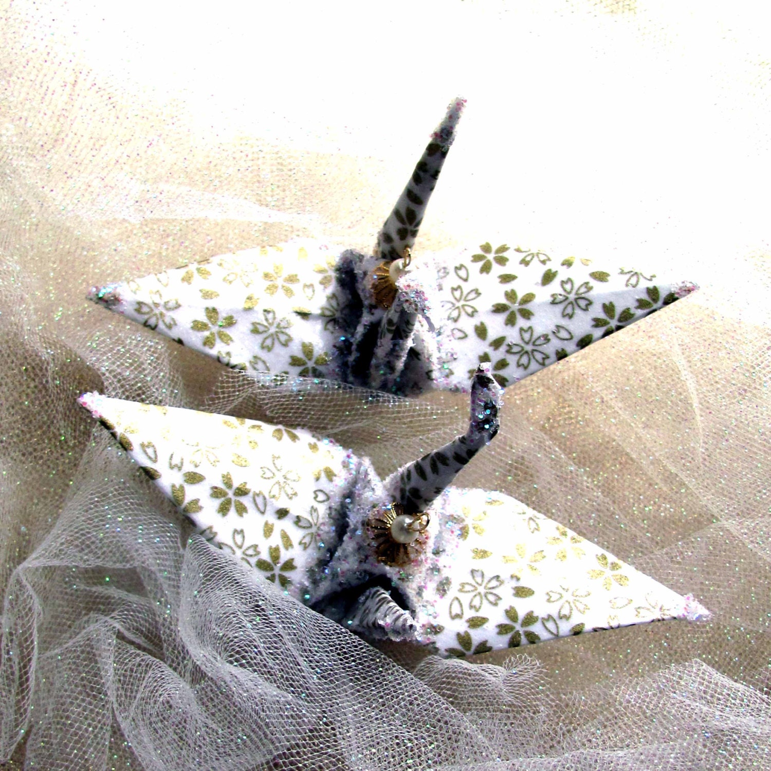 Gold Flower Wedding Decoration Peace Crane Cake Topper Party Favor Origami Ornament Bird Japanese Paper White