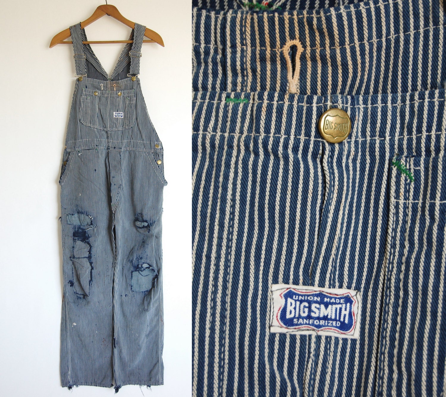old distressed and weathered bib overalls / vintage Americana / hickory stripe denim / Big Smith Sanforized Union Made / estate find