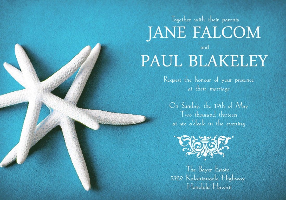125 Wedding invitation cards 5x7 - WHITE STARFISH on Malibu Blue