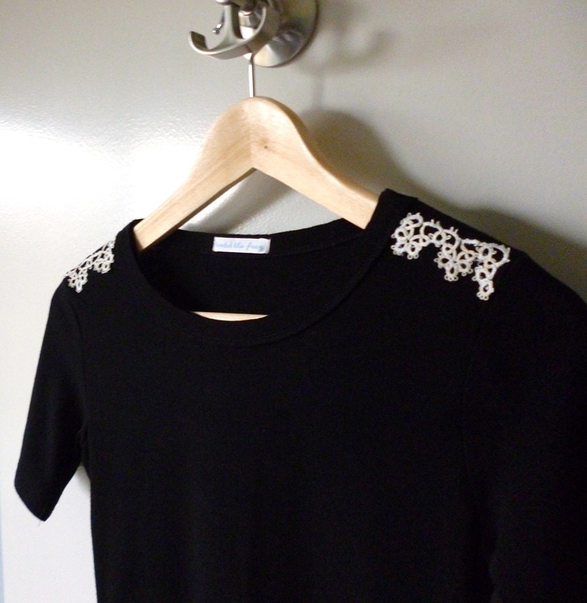 black womens shirt with vintage lace embellishment - size small to medium cotton tee with lace epaulets