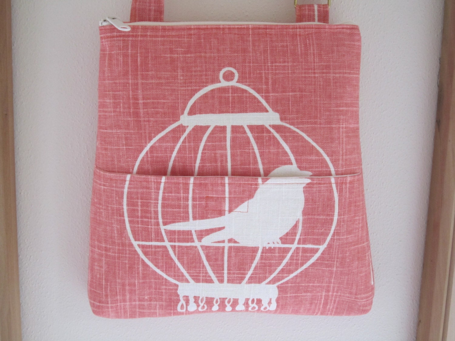 Hipster Ereader Zipper Case Purse  Bag with Adjustable Shoulder Strap Bird in a Cage in Melon