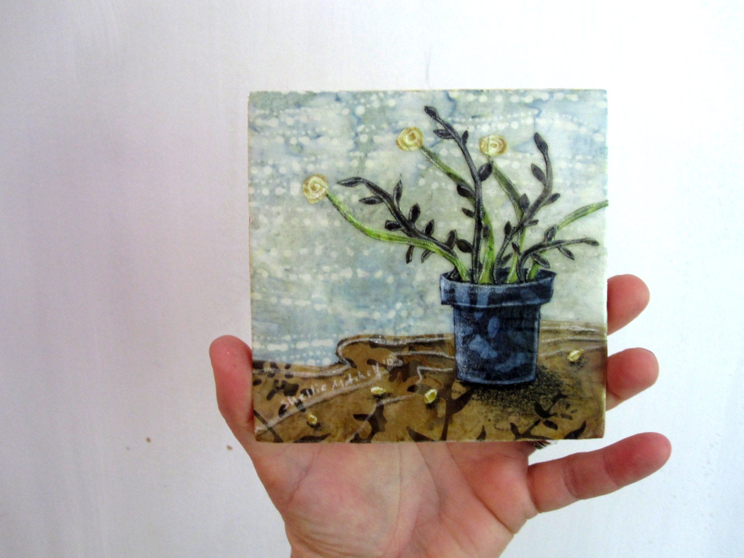 Little Potted Plant, mothers day mom, gifts for her, spring summer floral, garden grow,  Original Fabric on Wood art
