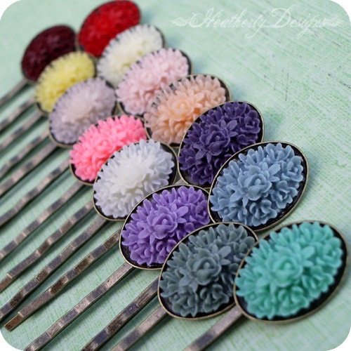 Ophelia's Garden: flower cab and antiqued brass bobby pin hair clip set - pick your colors