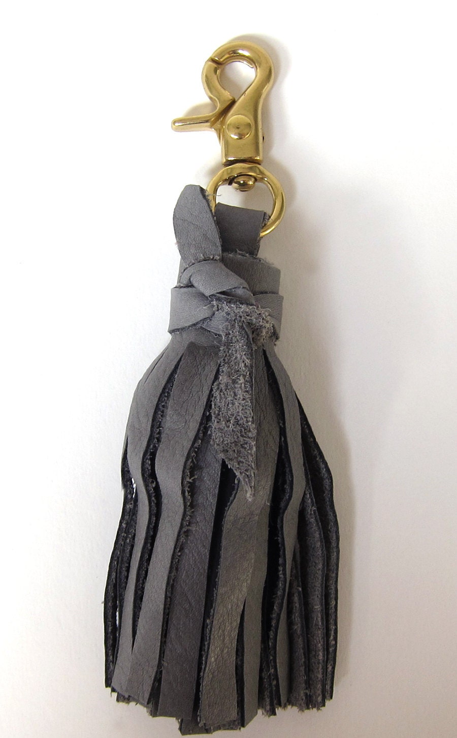 Grey Leather Tassel w/ Brass Clip
