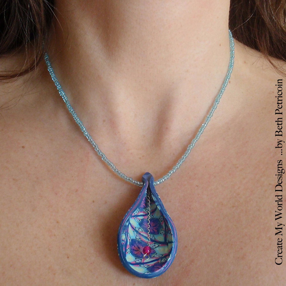 Teardrop Pendant Necklace: blue, pink, spring colors, polymer clay, glass beads, millefiori flower cane work