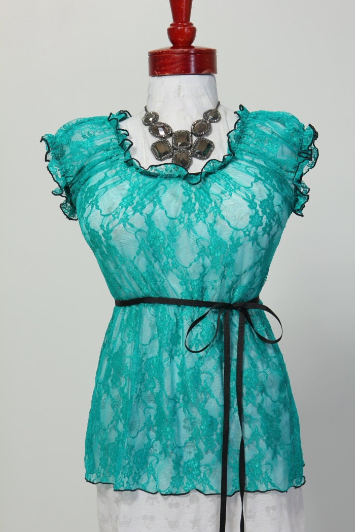 Size Large Teal Lace Blouse - Fits Bust Measurement of 46 to 52 inches