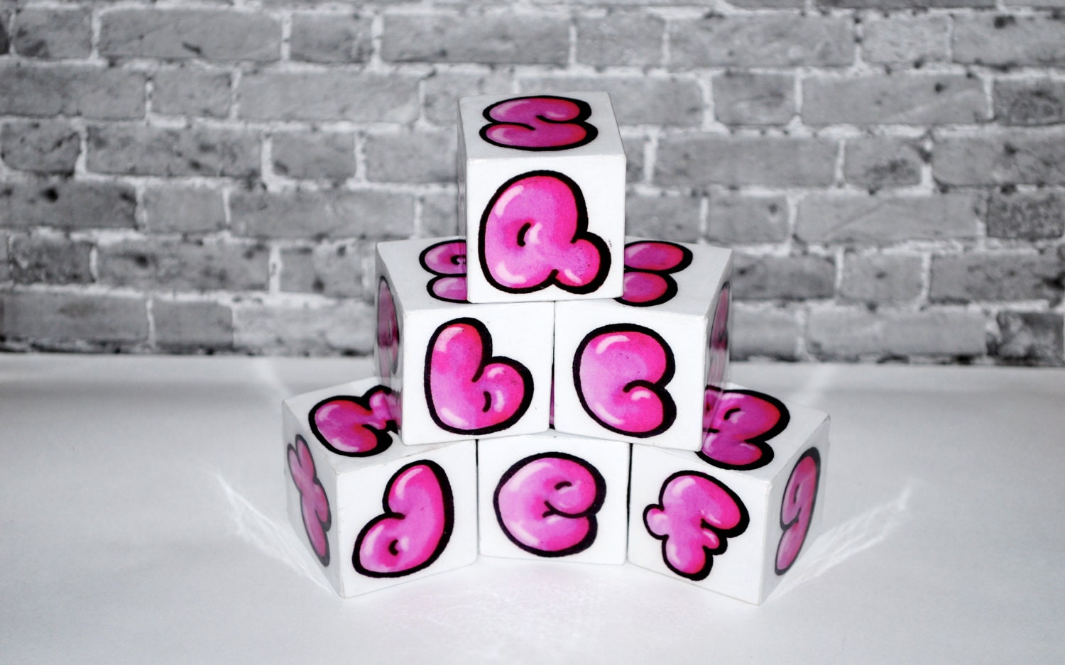 ABC  Baby Blocks Pink Bubble Letter Graffiti Rockin' Blocks 6 Block set by beebles