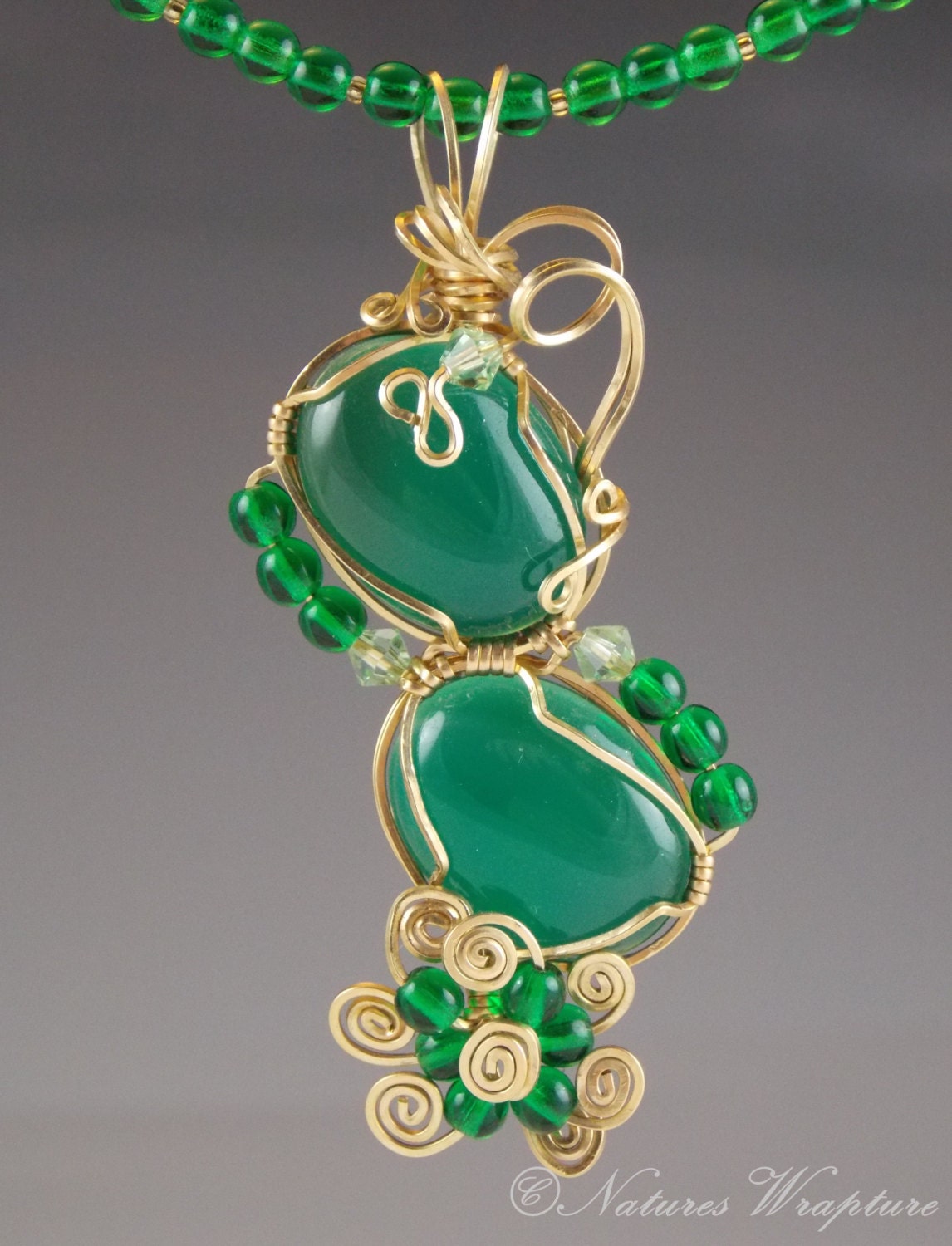 Double Green Agate Asymmetrical Wire Wrapped Pendant and Beaded Necklace