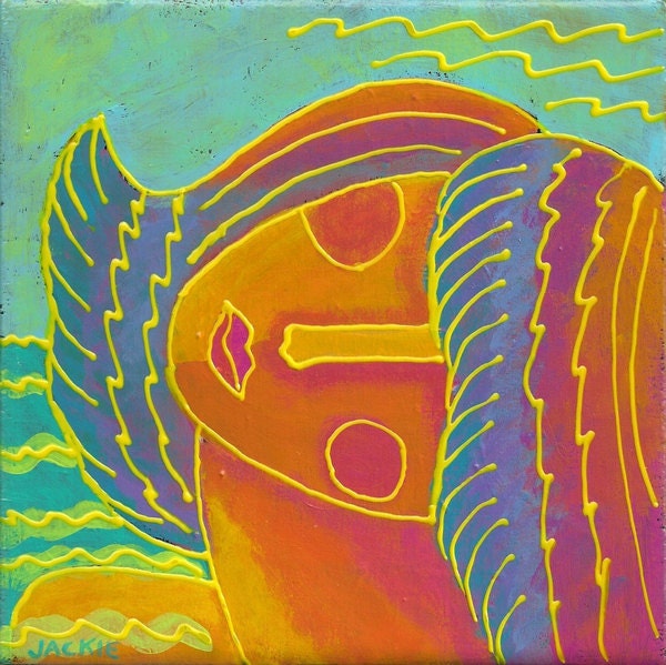 Hand Painted Ceramic Art Tile Abstract Acrylic and Dimensional Portrait of a Woman