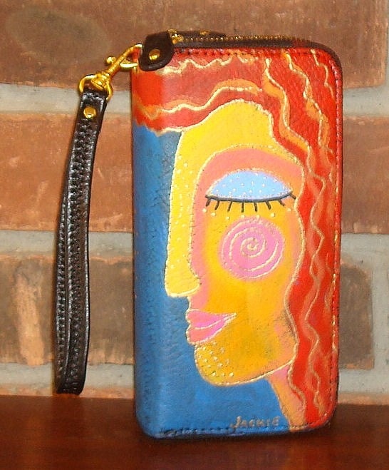 Hand Painted Wristlet Clutch Purse Handbag Abstract Painting of a Woman and the Sun