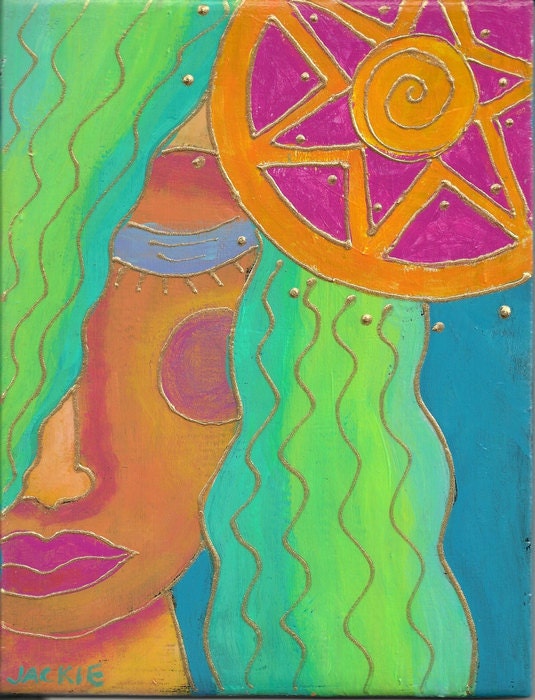 Hand Painted Ceramic Art Tile Funky Abstract Portrait of a Woman and the Sun