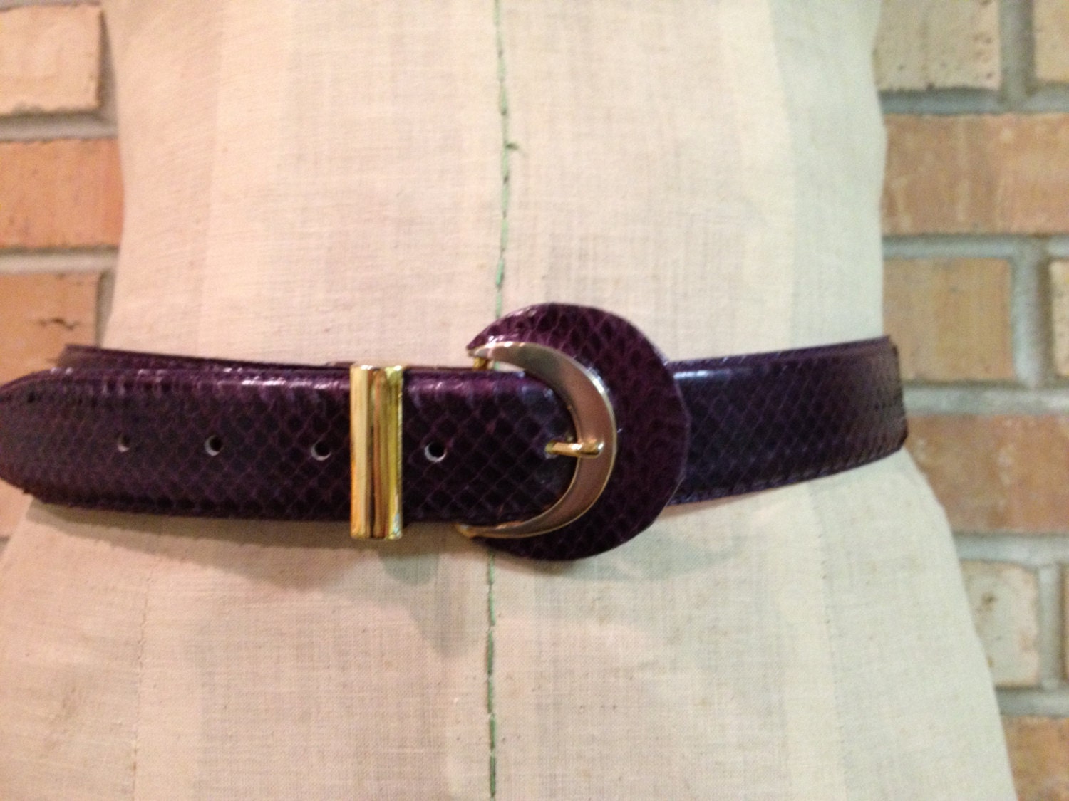 Vintage Belt:  Purple, Gold Buckle, Snake Skin, jana, 1980s, Size Medium