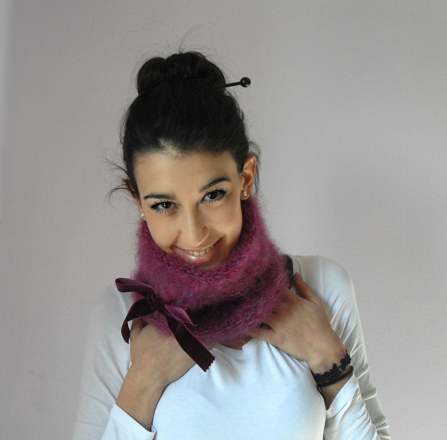 Knitting Cowl Neckwarmer Pink Fuchsia Magenta - Handmade - Mohair - One size