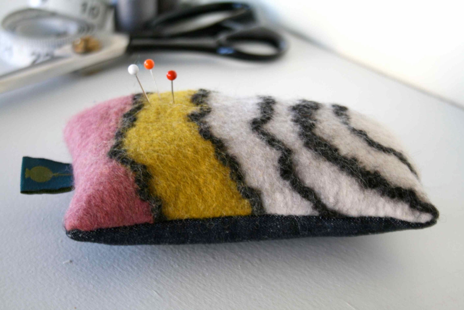 Pincushion - Hand Felted Merino Wool - Dusty Pink, Mustard, Grey/Cream, Charcoal Lines