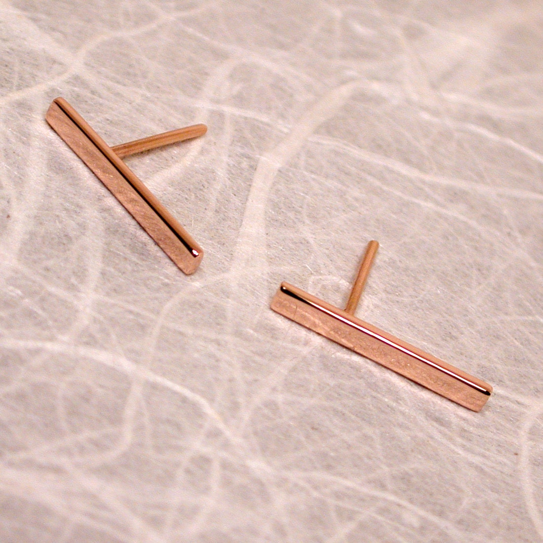 15mm x 2mm 14k Rose Gold Bar Earrings Modern Pink Gold Jewelry by SARANTOS