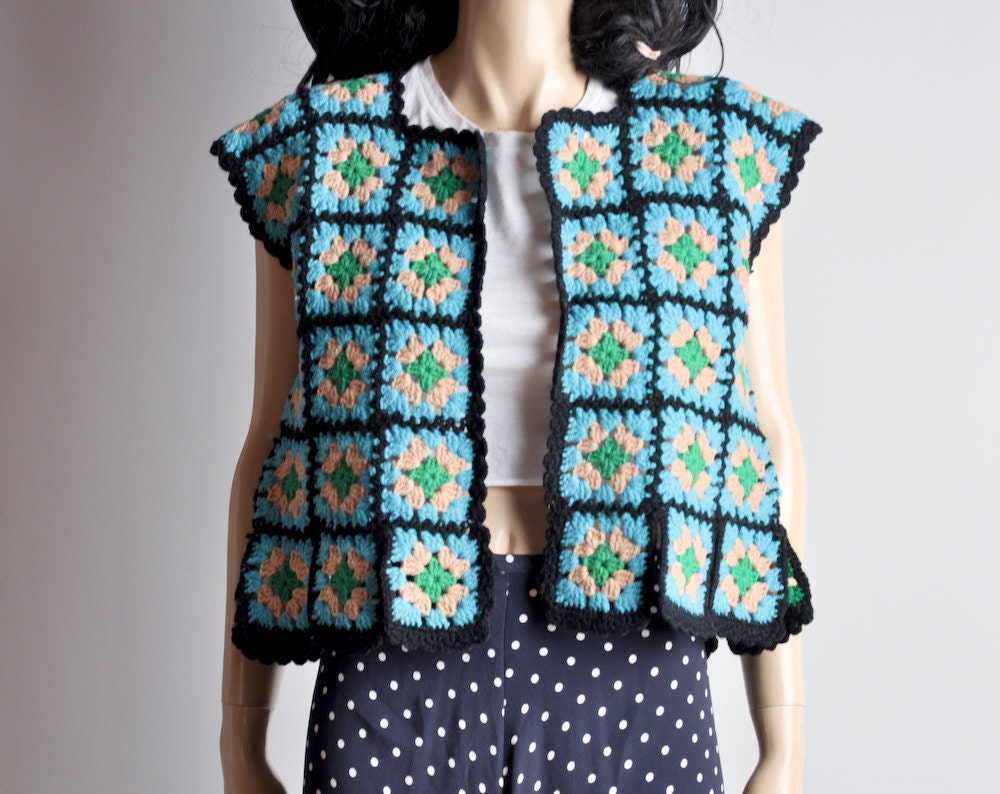 crochet patchwork cropped hippie cardigan sweater / s / m