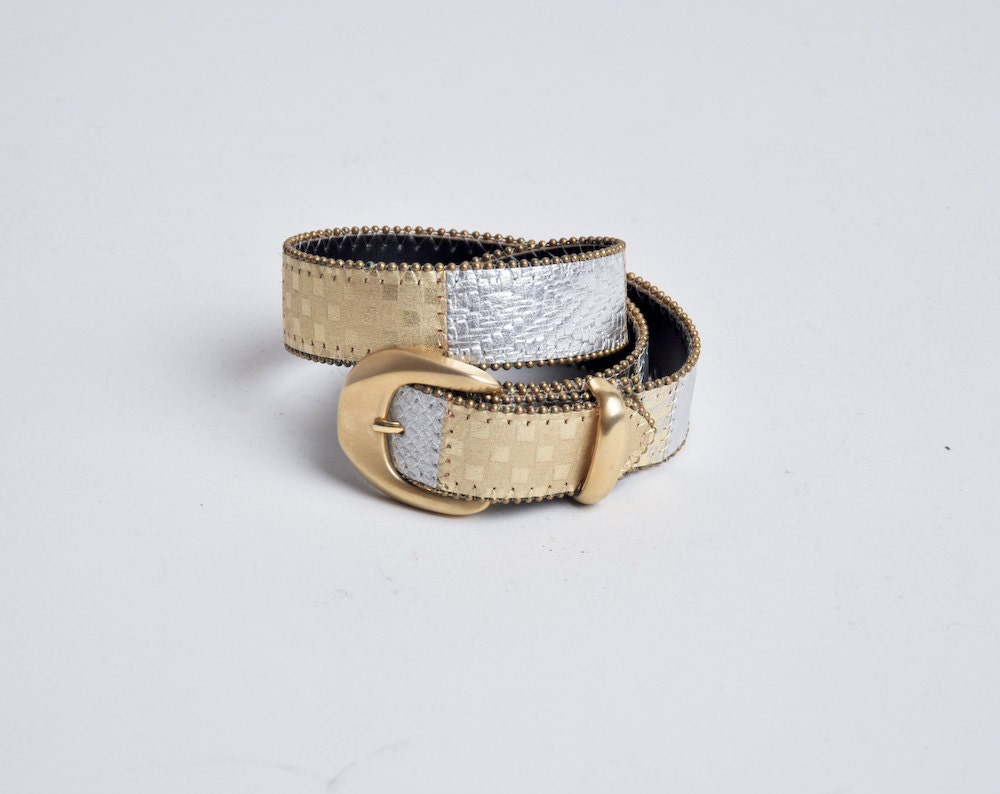 80s glam metallic gold and silver leather belt / xs / s