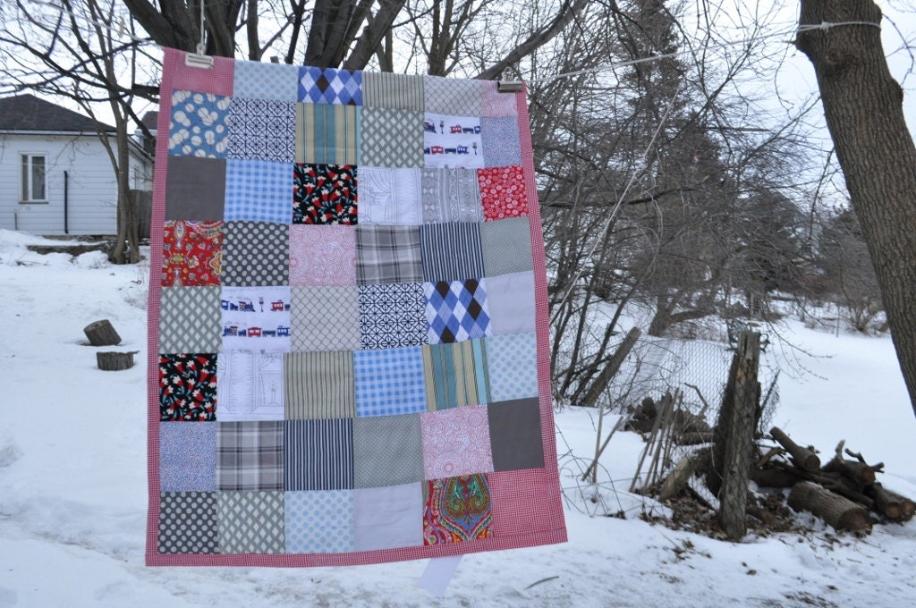 baby boy crib quilt --  blue navy red -- cotton.