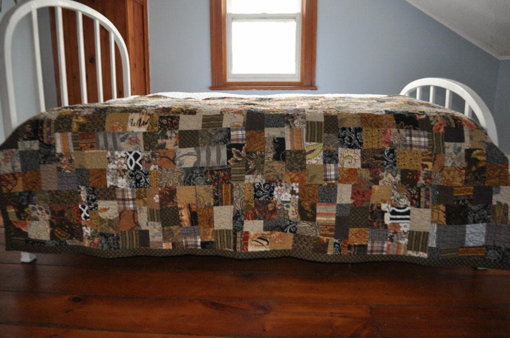 Farmhouse Quilt.  Neutrals Chocolate and Gray. Charming Single Bed or Large Throw