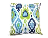 Two Navy Blue Chartreuse Powder Blue Turquoise White Pillow Covers Decorative Cotton Ikat Toss Throw Accent 18 inch Covers