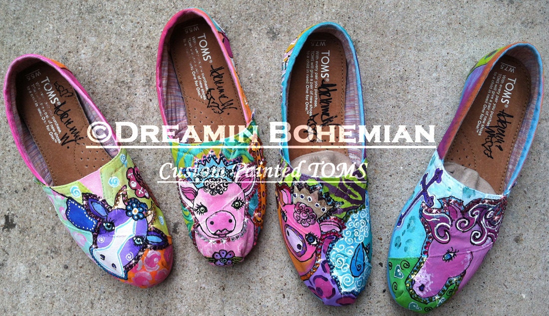 Whimsical Farm Animals DESIGN painted on your TOMS in Bright colors with BLiNg