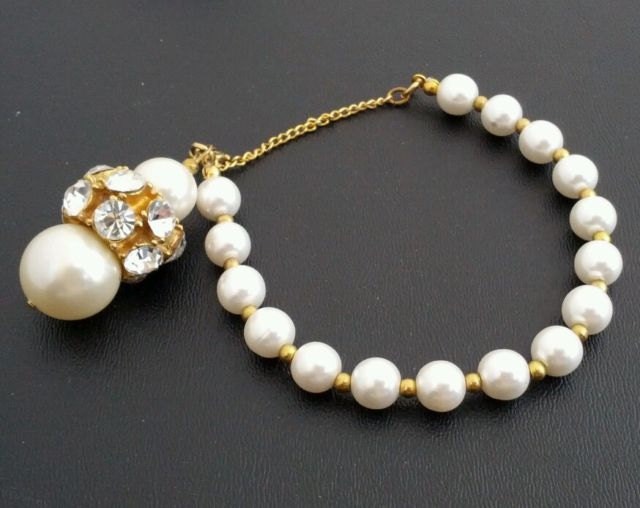 Vintage 60s Pearl and Rhinestone Bracelet with Ornate Fob or Charm
