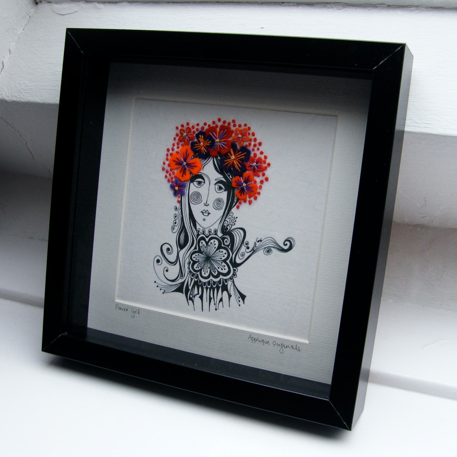 FLOWER GIRL felt and hand embroidered picture / wall art - New