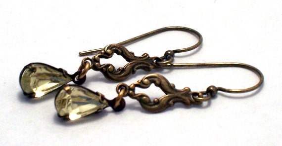 Yellow Citrine and Antique Brass Teardrop Earrings