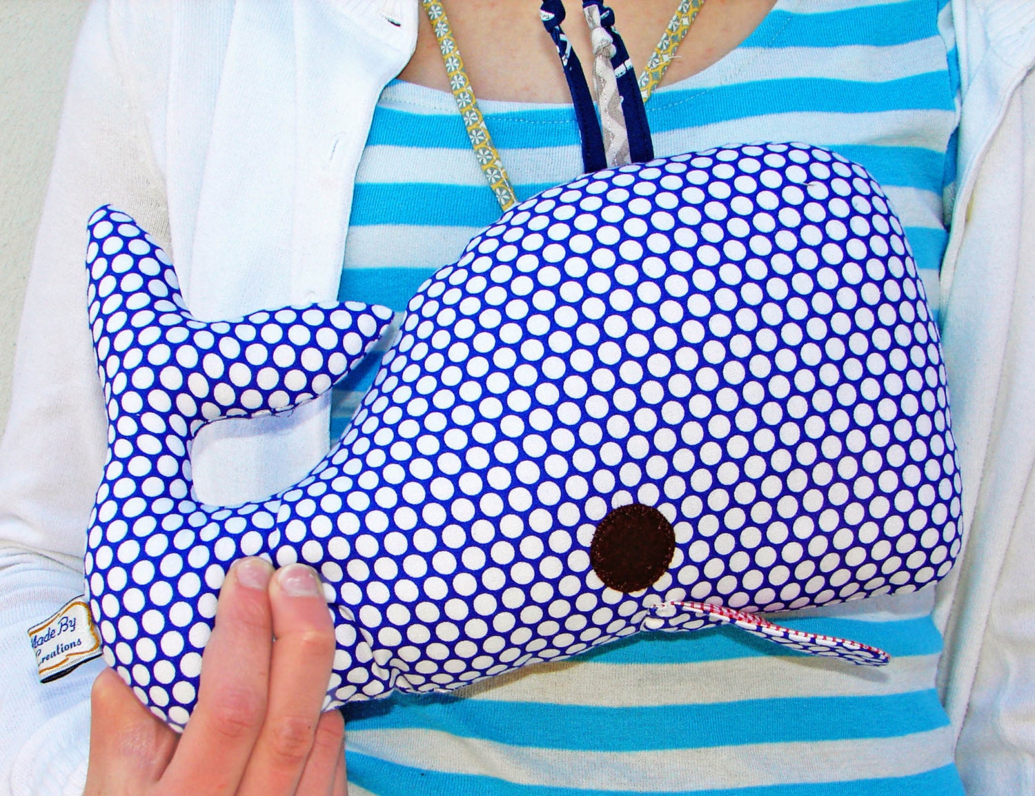 Whale Plush Pillow - Blue & White Dots