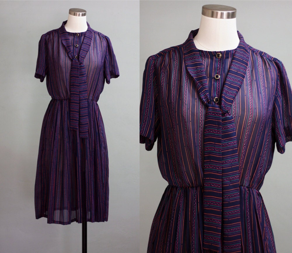 70s S/M Blue Striped Ascot DRESS