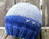 Baby Boy Beanie - handmade, knit, wool blend, blue, gray