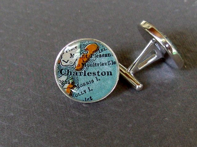 Sterling Silver Heirloom Map Cufflinks Charleston Cast One Piece  Luxe Line by sherry truitt  South Carolina Atlas