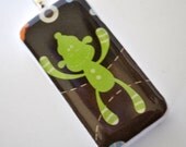 Sock Monkey Pendant - Domino Necklace - Game Piece Jewelry - Green Monkey