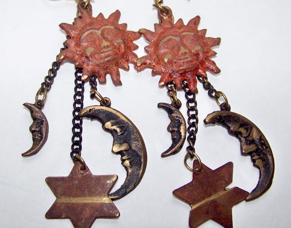 SJK VINTAGE -- Artisan Made Distressed Brass Celestial Sun and Moon Pierced Earrings (1980's)