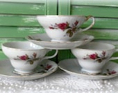 3 Vintage Moss Rose China Tea Cup and Saucer Sets - Victorian Shabby Chic