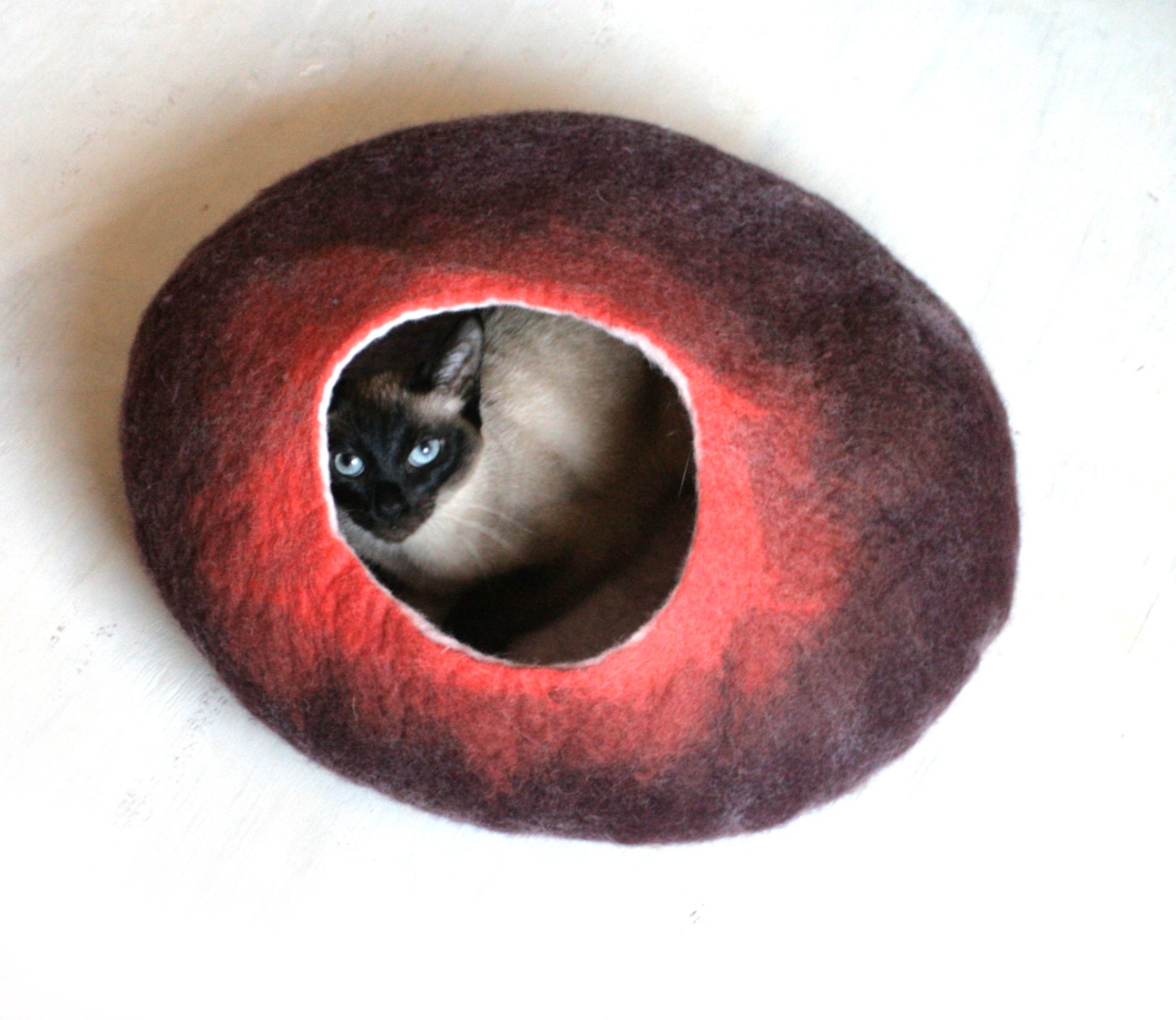 Cat Nap Cocoon / Cave / Bed / House / Vessel - Hand Felted Wool - Crisp Contemporary Design - READY TO SHIP Maroon Orange