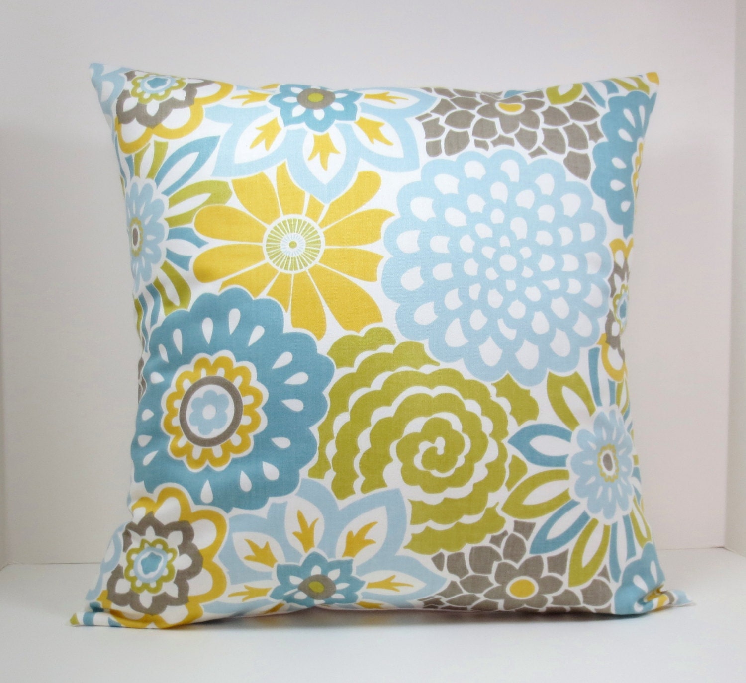 Waverly Blooms decorative throw pillow cover 18 x18 inches /Accent cushion sham in Spa blue, green, yellow and taupe.