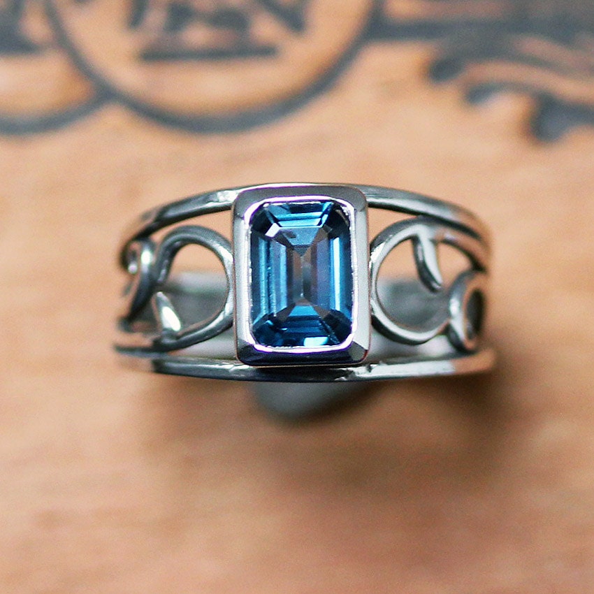 Silver vine ring - London blue topaz ring - emerald cut - vine - August birthstone - spring - ocean blue - made to order