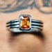 Spessartite garnet ring - modern ring - oxidized - emerald cut - golden honey - ribbed ring - ready to ship size 6.5