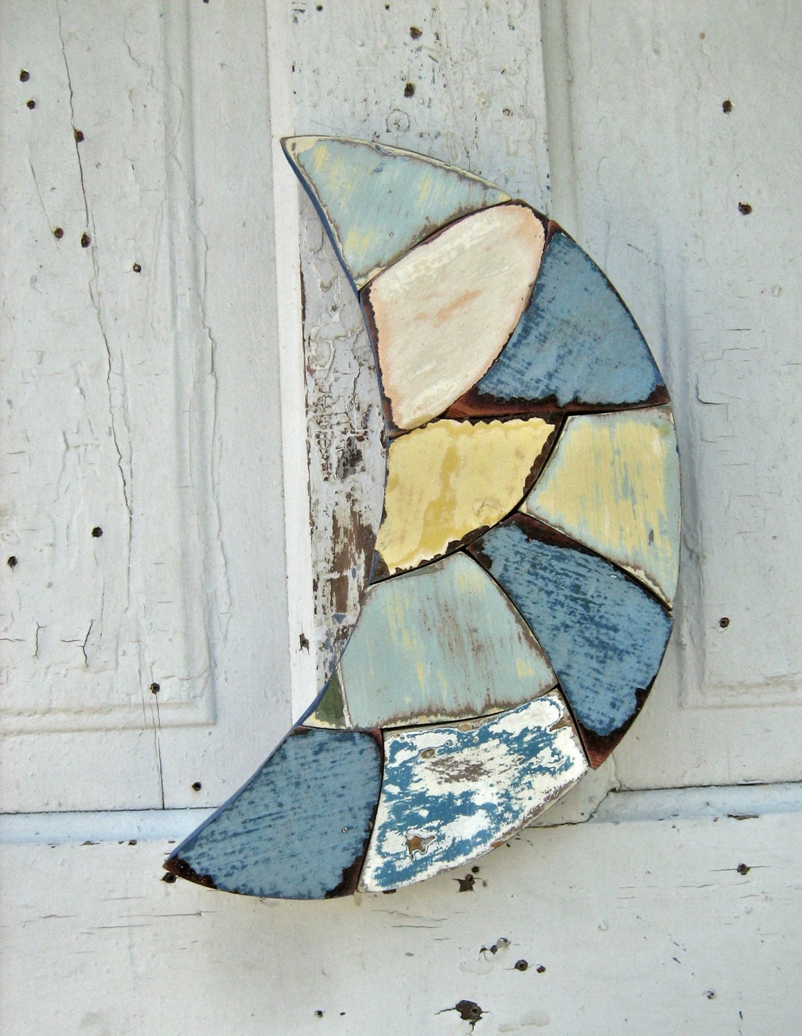 Blue Moon Reclaimed Wood Mosaic Art Crescent Moon Wall Decor