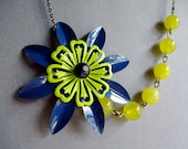 Statement Necklace,Enamel Jewelry,Vintage Necklace,Navy Blue Jewelry,Lime Green Necklace,Yellow Jewelry (Free matching earrings)