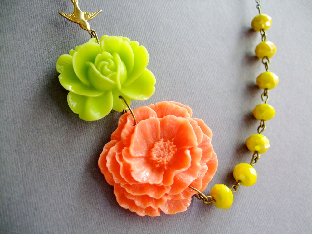 Statement Jewelry,Poppy Jewelry,Yellow Necklace,Bridesmaid Necklace,Coral Jewelry,Lime Green Jewelry(Free Matching Earrings)