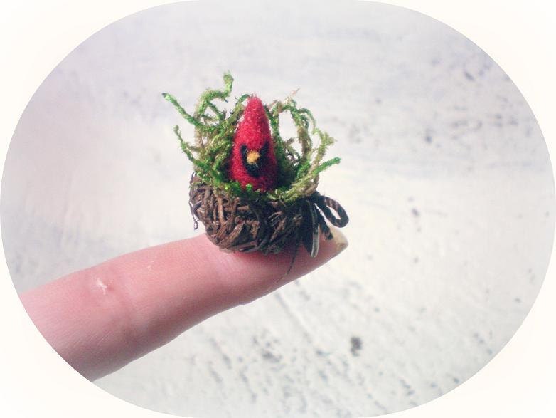 Micro Mini Felted Cardinal In Nest