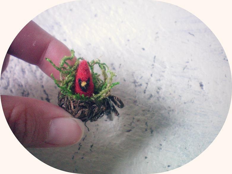 Micro Mini Felted Cardinal In Nest