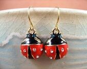 Elegant Ladybug Earrings, Glass Rhinestone Enamel and Gold Dangle Earrings, Free Shipping U.S.