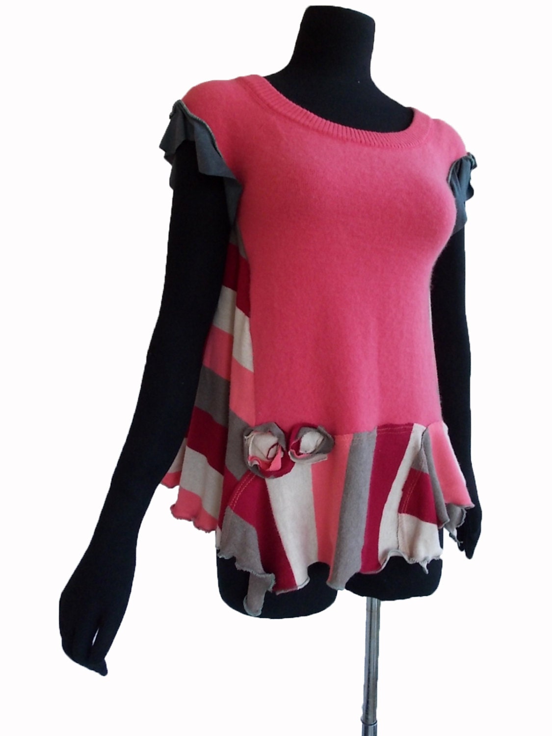 SALE Lagenlook Floral Sweater Vest M medium  Recycled Asymmetric Eco Friendly Women Clothing Cashmere Stripes PInk Red Brown Layering