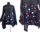 Floral Asymmetric Sweater L Large Women Recycled Handmade Clothing Black Hoody Wool