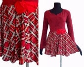 Lace Peplum Tunic M Medium Red Plaid Recycled Eco Friendly Women Handmade Clothing Spring Summer Top Blouse