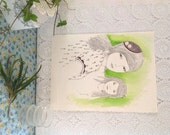 Young mother holding daughter with a green background original illustration