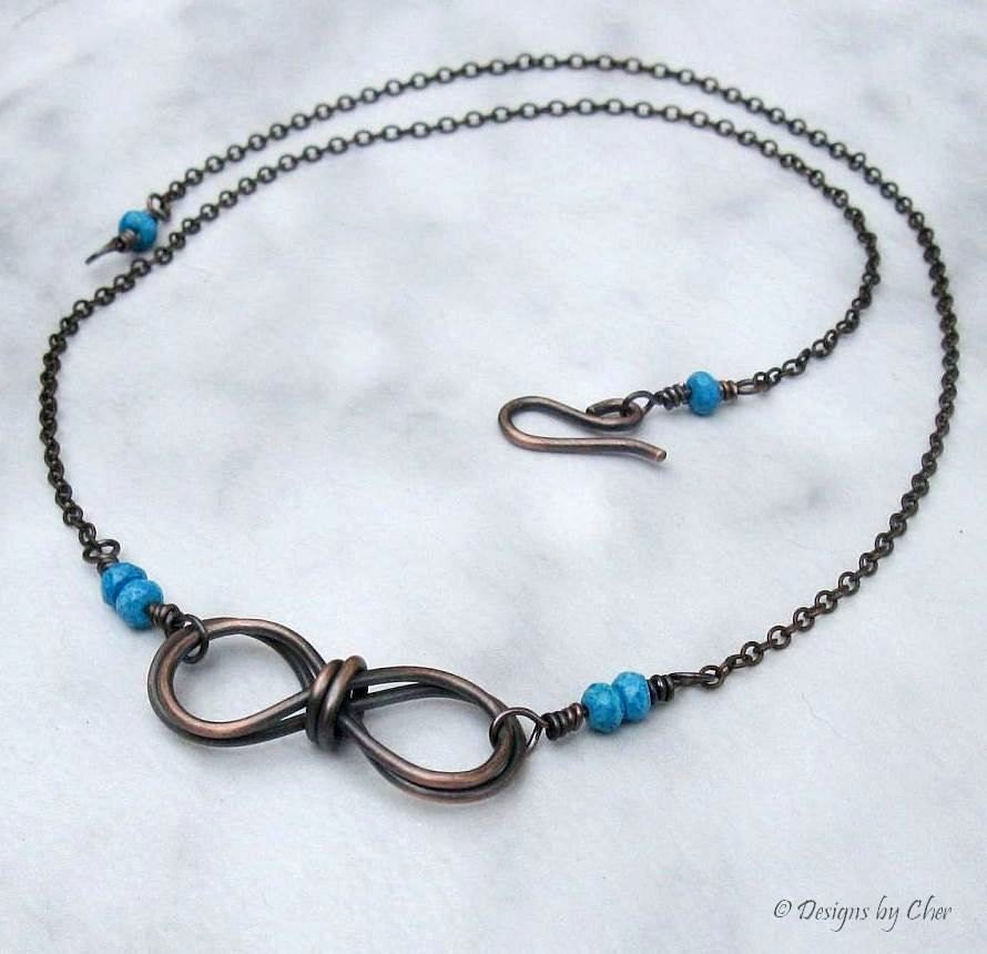 Antiqued Copper Double Infinity Turquoise Necklace, Hand Forged Metalwork, Wire Wrapped Stones